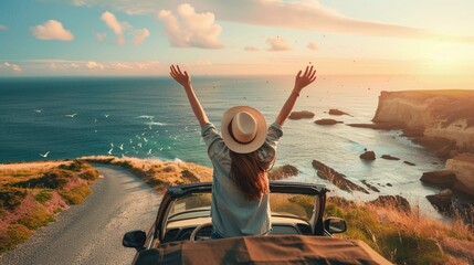 Happy cheerful young woman traveling on the sea by car. Standing overlooking the sea with hands up - Powered by Adobe