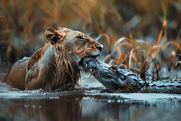 A lion is swimming in the water with its mouth open