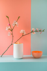 Relaxing set up of lit candle and floral cherry branches  on minimalistic pastel background