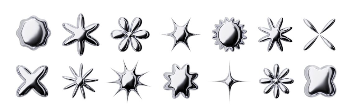 3d chrome metal brutalism shapes and stars. Abstract liquid mercury metallic icon. 3d rendering aluminum gradient shape design element isolated on white background. Brutalist futuristic style