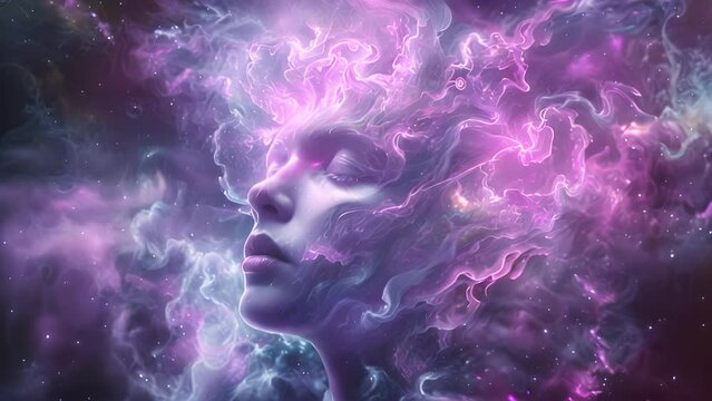 Artistic digital representation shows a human figure with cosmic energy emanating from their head, blending into a starry space background