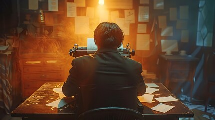 Man Writing at Desk with Typewriter