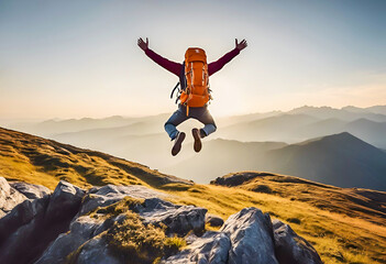 Hikers with backpacks jumping with arms up on top of a mountain, young man happy travelers climbing the peak, travel and adventure concept