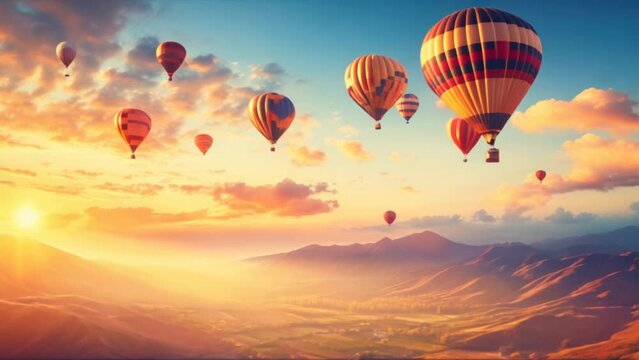 Colorful Hot Air Balloon Soaring through Sunset Sky