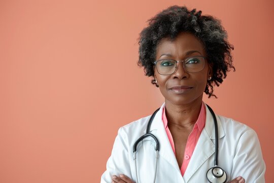 Confident endocrinologist with a stethoscope against a salmon backdrop