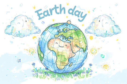 Cute cartoon Earth globe postcard with Text Earth day.