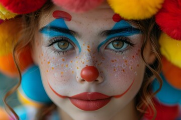 Young Girl With Painted Face and Clown Makeup - obrazy, fototapety, plakaty