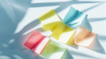 A lot of aesthetic pastel coloured sticky note reminders on white background. Sun rays.Minimalist concept. Generative AI