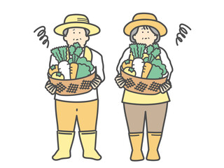 野菜を収穫した高齢夫婦　農家　不安　イラスト