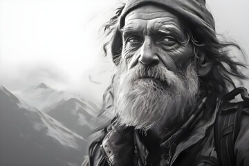 A striking black and white portrait of a seasoned explorer, telling a story of a life well-lived.
