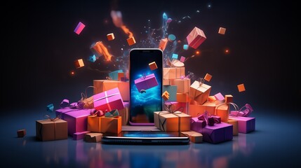 A smartphone with a mobile payment app surrounded by shopping bags and business symbols, illustrating the role of technology in e-commerce and retail business, Mobile commerce technology concept - obrazy, fototapety, plakaty
