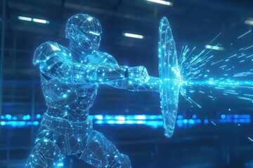  AI knight in wireframe armor casting a blue firewall shield - obrazy, fototapety, plakaty