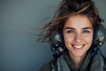 Confident female fighter pilot in uniform with aviation helmet - obrazy, fototapety, plakaty