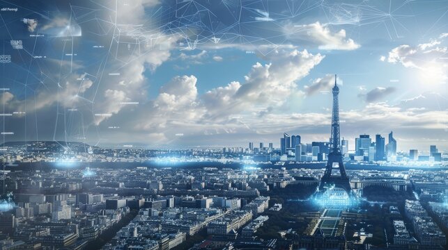 digital wireframe of paris landscape, digital art, copy space, 16:9
