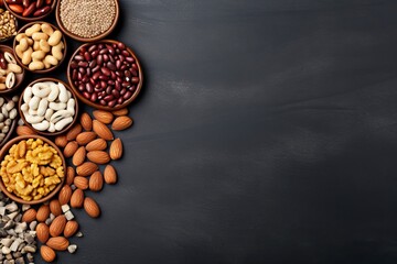 top view of vary kind of nuts and beans with copy space for text. food background for stock photography - generative ai - obrazy, fototapety, plakaty