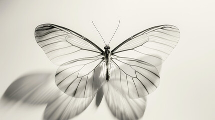 Fototapeta na wymiar X-ray butterfly image on light background with sun rays and strong shadows. Aesthetic nature concept. Generative AI