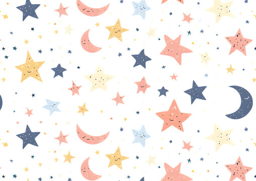 Cute stars and moon cartoon pattern, simple drawing style, white background, seamless wallpaper, minimalistic design, colorful pastel color palette