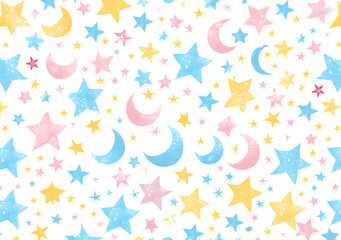 Cute pastel pink, blue and yellow stars and moons pattern on white background