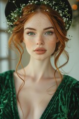 Fototapeta premium A young woman with curly red hair, adorned with a flower wreath, exudes beauty and elegance.