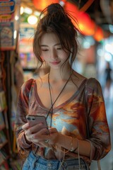 Obraz premium A young woman using her smartphone in the city, enjoying modern technology and urban lifestyle.