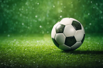 Fototapeta premium Football on grass by pitch marking soccer game field. High quality photo