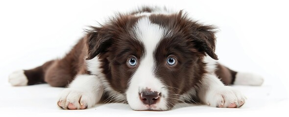 Adorable Border Collie Puppy with Blue Eyes Relaxing on White Background