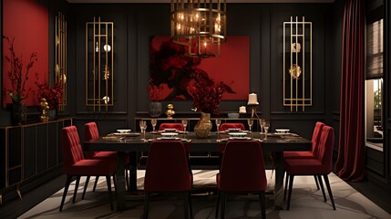 Fototapeta na wymiar Crimson Red Dining Room: Plan a dramatic dining room with walls in rich crimson red, black furniture, and golden accents, creating a luxurious and intimate atmosphere for dining