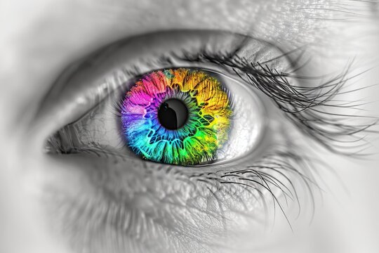 Black and white photo of an eye with a rainbow iris, closeup