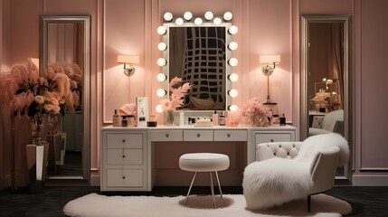  an Old Hollywood glam-inspired dressing room with mirrored vanity, plush seating, and soft, flattering lighting

