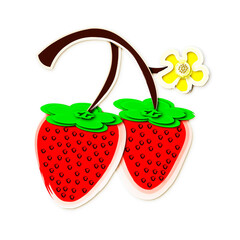 Strawberries on a branch with a flower. 3D illustration clipart on a white background.