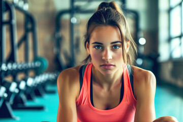 Fototapeta na wymiar woman fitness trainer portrait on a gym background