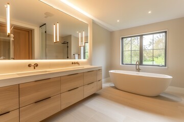 Fototapeta na wymiar Modern Bathroom Design with Wood and LED Lighting
