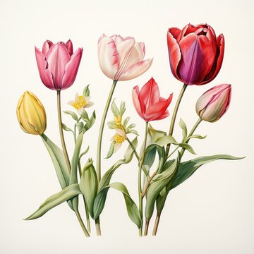 botanical illustration, white background, types of tulips