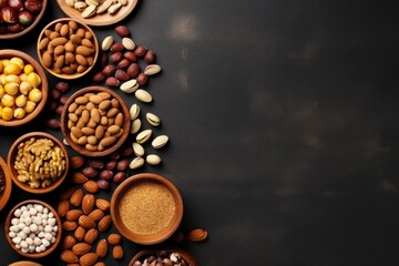 Obraz na płótnie Canvas top view of vary kind of nuts and beans with copy space for text. food background for stock photography - generative ai