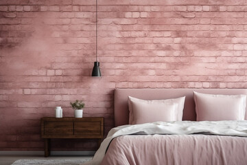 Modern minimalit bedroom with pink brick wall. High quality photo