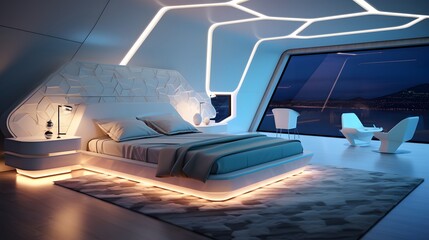 a futuristic bedroom with LED accents and geometric patterns