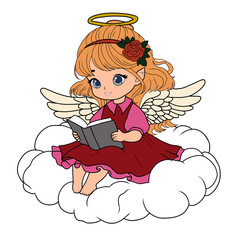 little angel sitting on a cloud while reading
