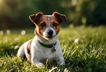 Portrait of Small Jack Russell terrier on green grass in natural park. White funny little Jack Russell terrier dog playing on walk in nature, outdoors. Pet love concept. Copy space for site