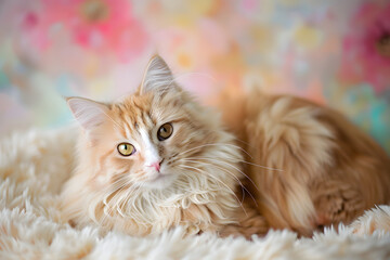 Adorable cat laid on a fluffy bed, generative ai image