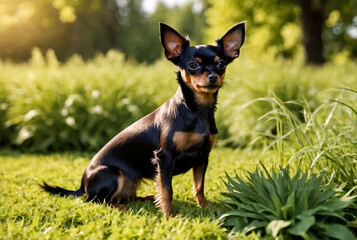 Russian toy Terrier dog sitting on lawn. Close up of tame dog of toy Terrier breed running on grass in nature. Purebred small pocket Pets. Walking Pets in Park - obrazy, fototapety, plakaty