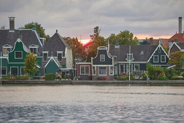 Evening city of Zaanstad in the Netherlands. Embankment