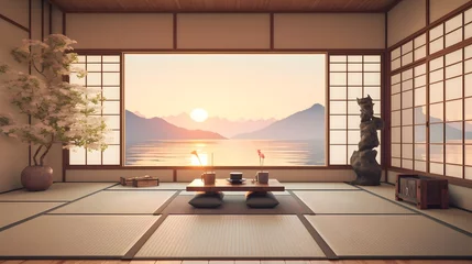 Foto op Aluminium  a serene Japanese Zen room with tatami mats, shoji screens, and bonsai trees, promoting tranquility and minimalism  © MUHAMMADUMAR