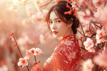 a beautiful young Vietnamese woman in ao dai standing with flowers, cherry blossoms background