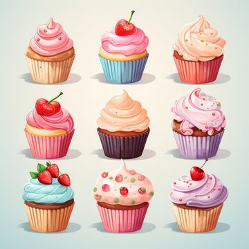 Generate illustration, knolling items sheet, cupcake, flat colors, cute simple design, bright soft color, painted with transparent watercolor