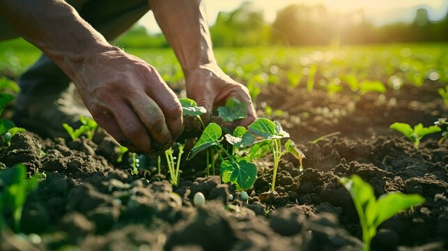Close-up of hands planting seedlings in fertile soil. sustainable agriculture concept image. gardening and growth in sunlit farmland. nurturing young plants. AI