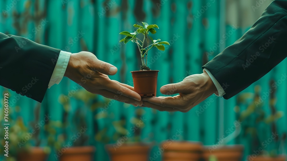 Sticker Two hands exchanging a young plant in a pot against a backdrop of greenery. symbolic photo of growth and sustainability. environmentally friendly concept. AI