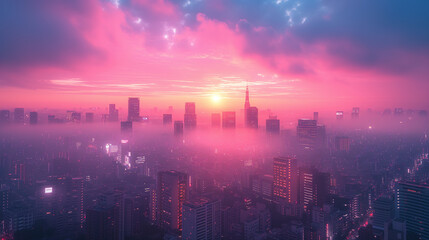 夕日に照らされてピンク色に染まった街
