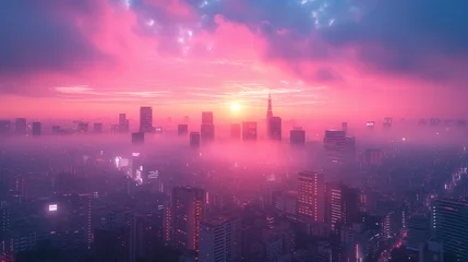 Fotobehang 夕日に照らされてピンク色に染まった街 © satoyama