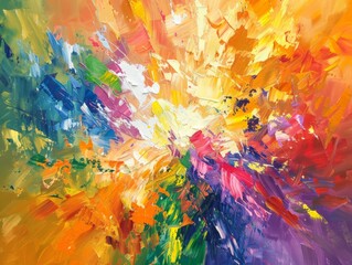 An abstract painting filled with a dynamic mix of colorful hues and layers, creating a lively and energetic composition