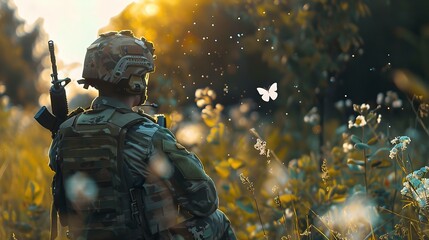 Fototapeta premium A lone soldier amidst nature, contemplating the juxtaposition of warfare and peace. backlit scene captures a reflective moment. cinematic and thought-provoking imagery. AI
